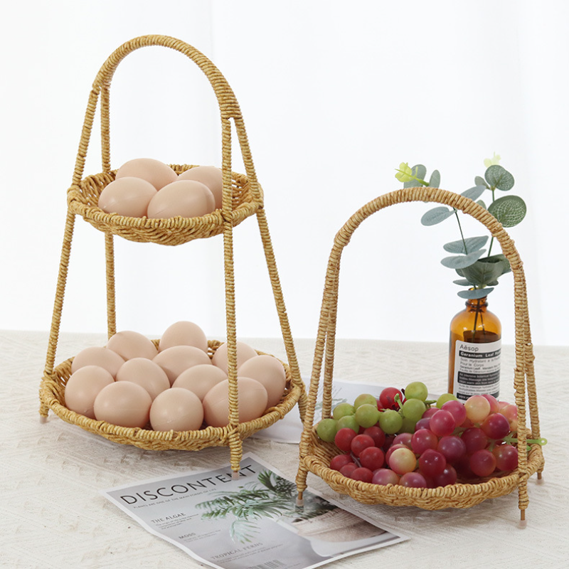Kitchen Woven Fruit Basket 2 Tier Handmade Rattan Wicker Seagrass Countertop Baskets Space Saver Vegetable Organizer 1 